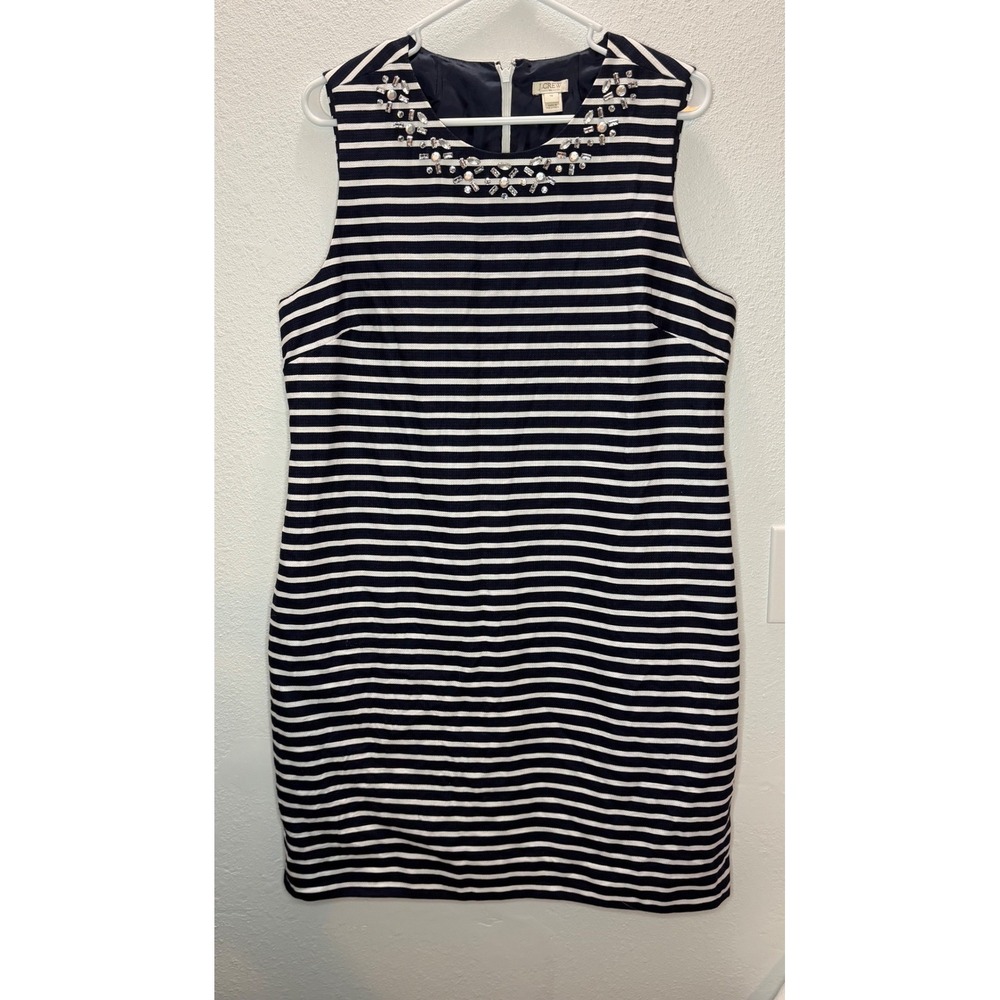 J.Crew Shift Dress Women 14 Navy White Embellished Nautical Striped Preppy